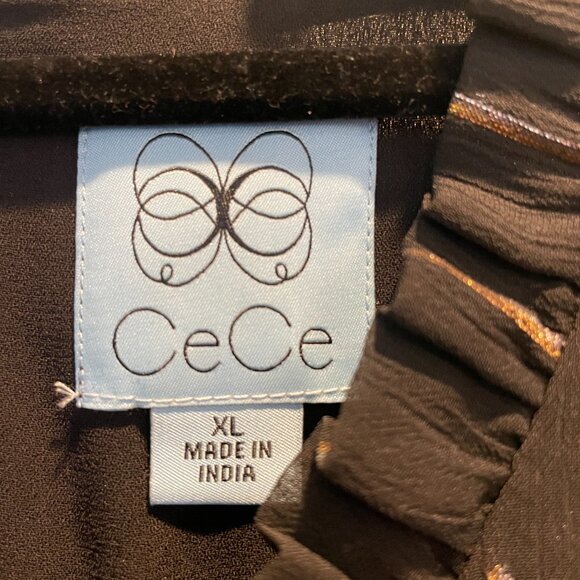 CeCe Women's Metallic Print Ruffled Smocked Waist Midi Dress XL Black w/Gold - Picture 3 of 8